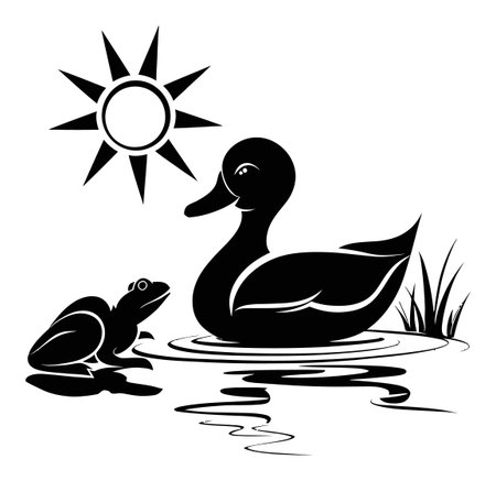 This black and white vector illustration features a duck and a frog near water under a sun, showcasing a peaceful nature scene perfect for creative projects or eco-themed designs.のイラスト素材