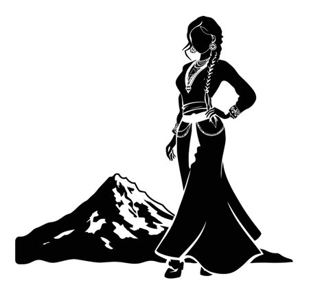 A beautiful vector illustration featuring an elegant woman in silhouette, standing gracefully before a majestic mountain backdrop, showcasing fashion and nature.のイラスト素材