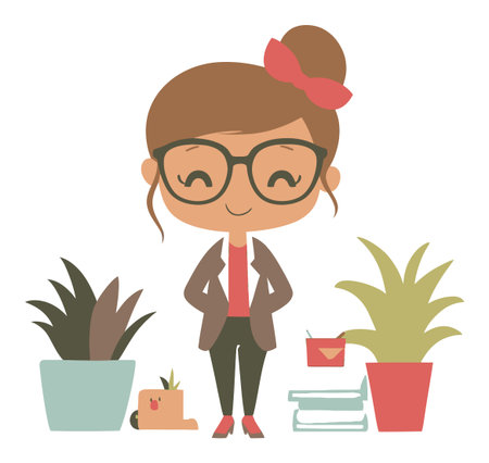 Bright and cheerful cartoon character features a young woman with glasses in a stylish outfit surrounded by potted plants and books, perfect for designs related to nature and education.のイラスト素材