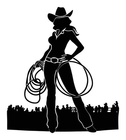 Bold and striking silhouette of a confident cowgirl holding lariats, set against a rodeo scene, perfect for themes of adventure, empowerment, and western culture.のイラスト素材