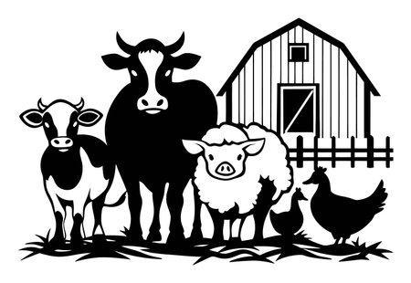 Enjoy a charming black and white silhouette of farm animals, including a cow, sheep, pig, and chickens, set against a rustic barn backdrop. Perfect for farm-themed designs!のイラスト素材
