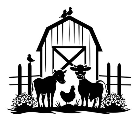 This vector art features a beautiful silhouette of a barn with farm animals including cows, a chick, and birds, perfect for agricultural themes.のイラスト素材