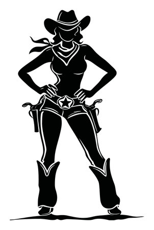 Bold silhouette of a confident cowgirl in a striking Western style. Perfect for designs focusing on strength, adventure, and country culture. Ideal for creative projects.のイラスト素材
