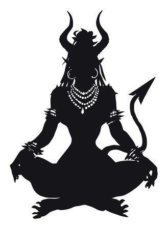 A striking black silhouette of a mythical demon figure in a serene meditation pose, adorned with jewelry and horns, symbolizing power and tranquility.のイラスト素材