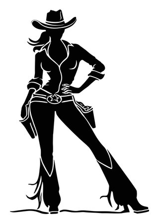 This vector illustration features a stylish cowboy woman silhouette striking a confident pose. Perfect for Western-themed designs, posters, and graphics.のイラスト素材