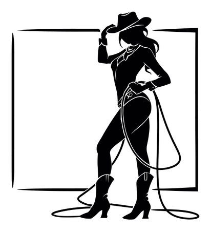 This minimalist silhouette features a confident cowgirl in a hat and boots, poised with a lasso. Perfect for western-themed designs or illustrations.のイラスト素材