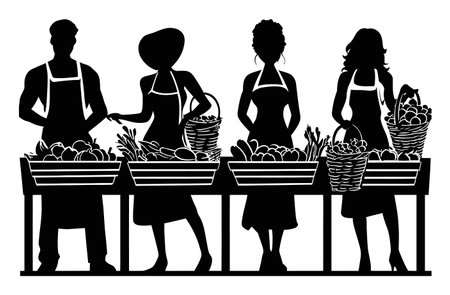 Vibrant illustration of diverse vendors in a market setting, showcasing fresh fruits and vegetables in baskets, promoting community and local produce.のイラスト素材
