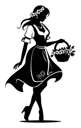 This elegant silhouette features a woman in a floral dress, gracefully holding a basket of flowers. Perfect for designs celebrating spring or femininity.のイラスト素材
