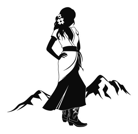 This artistic silhouette features a woman in a stylish dress against a mountainous backdrop. With elegant curves and floral accents, it embodies beauty and nature.のイラスト素材
