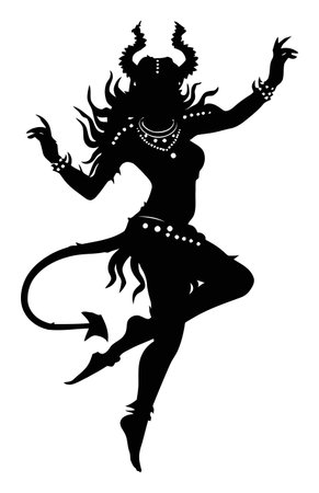 This elegant silhouette depicts a dancing female figure with horns and ornate jewelry, perfect for Halloween themes, fantasy projects, or artistic designs.のイラスト素材