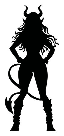 This striking vector graphic features a female demon silhouette with horns and a tail, exuding power and elegance. Perfect for fantasy-themed design projects.のイラスト素材
