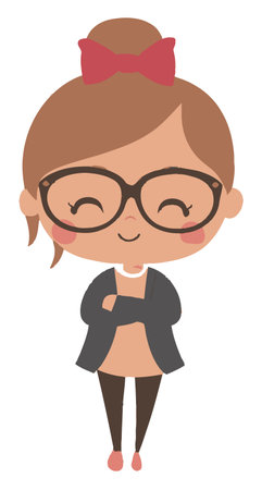 This vector illustration features a cute cartoon girl character with glasses and a stylish bow in her hair. Perfect for children's themes!のイラスト素材