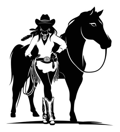 Captivating vector art of a confident cowboy woman silhouette standing beside a striking horse, embodying the spirit of the wild western lifestyle.のイラスト素材