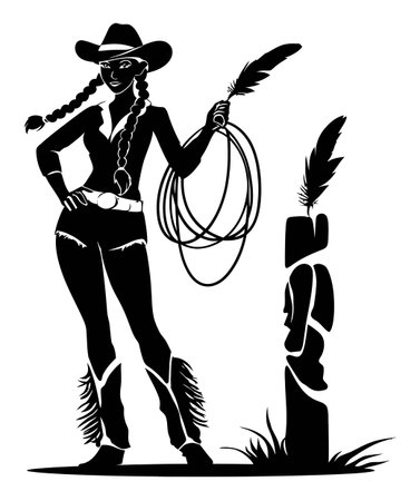 This black silhouette artwork showcases a stylish cowgirl holding a lasso next to a native totem, perfect for western-themed projects and creative designs.のイラスト素材