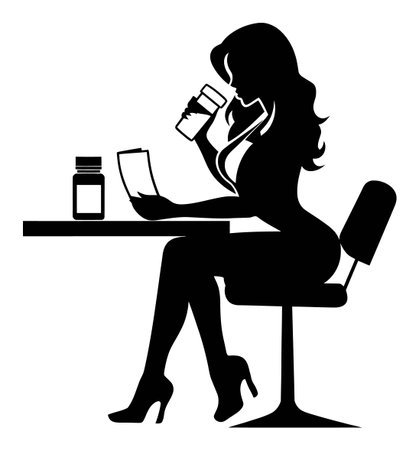 A stylish silhouette of a woman sitting at a table, reviewing a prescription while holding a bottle. An elegant representation of health and lifestyle.のイラスト素材