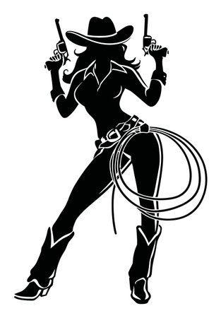 This elegant cowgirl silhouette showcases a confident female figure with guns and a lasso, ideal for western themes and artistic projects.のイラスト素材