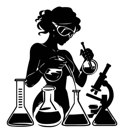 Detailed vector art featuring a silhouette of a woman in a laboratory setting, engaged in scientific experiments with various lab equipment.のイラスト素材