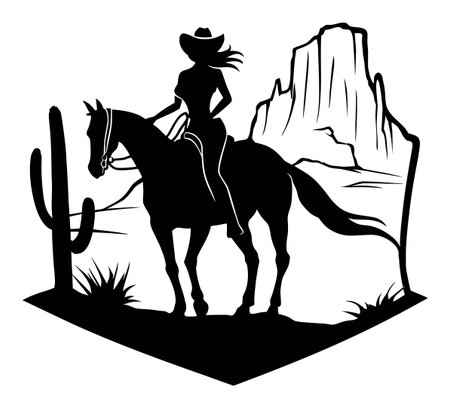 A striking silhouette of a woman riding a horse against a vast desert landscape, featuring cacti and rocky formations. Perfect for themes of adventure and freedom.のイラスト素材