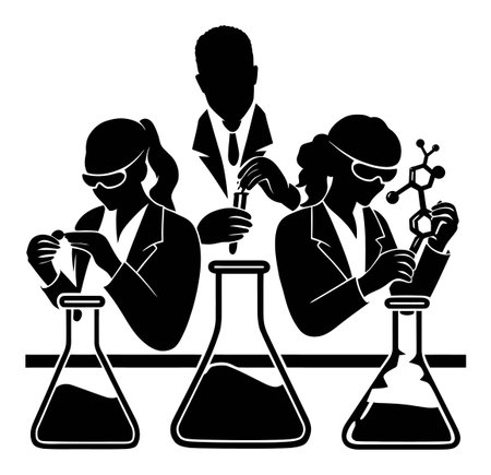 This vector illustration showcases scientists working in a laboratory environment, featuring a male scientist with two female colleagues engaged in various experiments.のイラスト素材