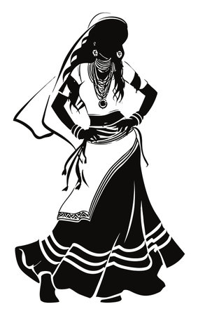 This striking black and white silhouette captures a traditional woman in dance, showcasing her graceful movements and intricate attire, embodying culture and beauty.のイラスト素材