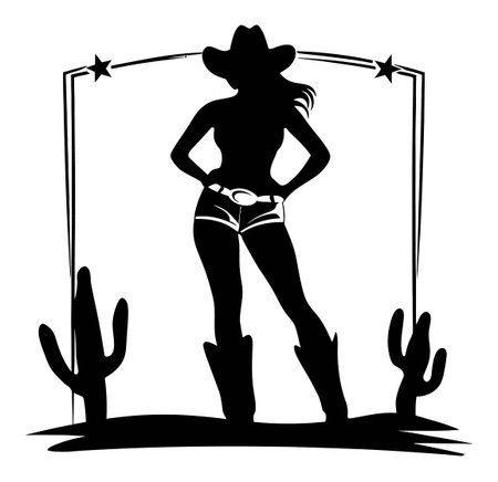 This vector image features a striking silhouette of a cowboy woman posed confidently among cacti and stars. It embodies western culture and modern style.のイラスト素材