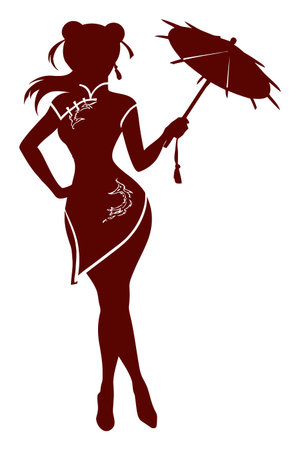 This elegant silhouette showcases a woman in traditional attire, gracefully holding an umbrella, embodying beauty and culture in a striking vector design.のイラスト素材