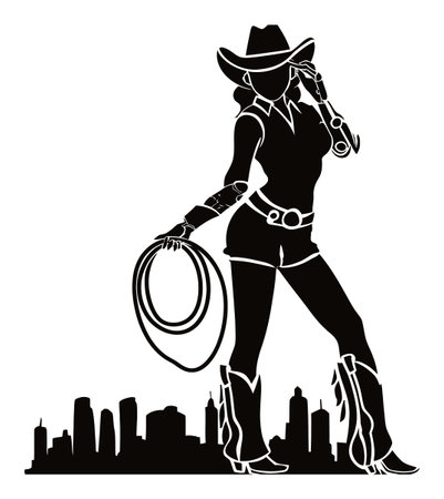 A stylish cowgirl silhouette stands confidently against an urban skyline, holding a lasso while using a phone. This vector art combines western charm with modern city vibes.のイラスト素材