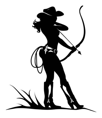 A striking black and white silhouette of a woman in cowboy attire. She confidently aims with a bow and arrow, embodying strength and grace in a minimalistic design.のイラスト素材