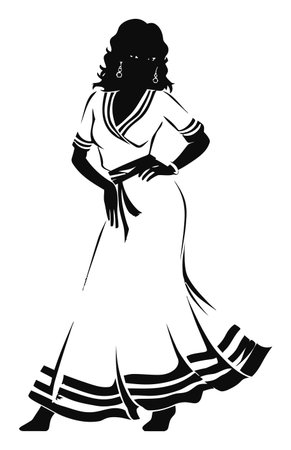 Stunning vector silhouette of a woman showcasing elegance in a flowing dress and stylish accessories, perfect for fashion-themed projects or designs.のイラスト素材