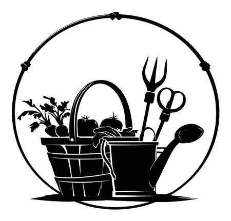 Explore this striking black and white vector art featuring gardening tools and a basket of fresh produce, perfect for nature enthusiasts and gardening projects.のイラスト素材