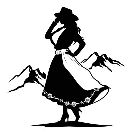 This elegant silhouette features a woman in a cowboy hat standing proudly against a mountainous backdrop. Perfect for art and decoration projects.のイラスト素材