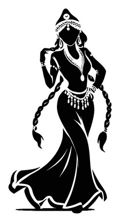 A beautiful silhouette of a woman in traditional attire, exuding elegance and grace while dancing. Perfect for creative projects and cultural themes.のイラスト素材