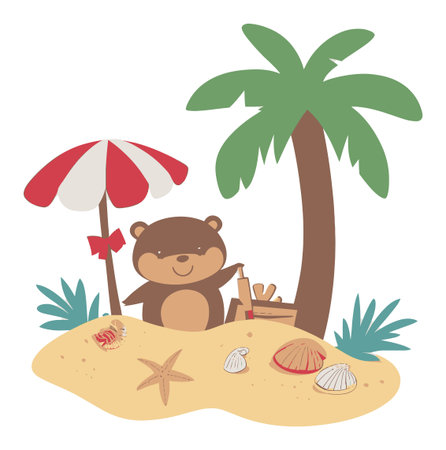 Charming illustration of a cute cartoon bear enjoying a sunny beach day with a palm tree, umbrella, and various shells, perfect for summer-themed projects.のイラスト素材