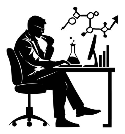 A silhouette of a scientist engaged in research, working with data and chemicals in a laboratory setting. Ideal for science, education, and innovation themes.のイラスト素材
