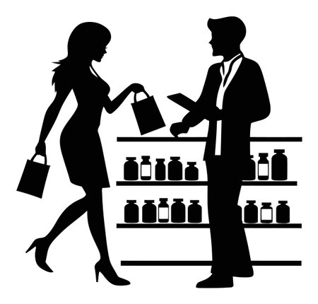 This vector illustration depicts a silhouetted interaction between a customer and a pharmacist in a pharmacy. The engaging scene captures the essence of customer service in a health-focused retail environment.のイラスト素材