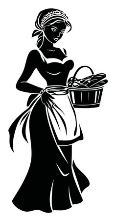This elegant black and white vector design features a woman in a vintage dress holding a basket, perfect for themes of hospitality and culinary artistry.のイラスト素材