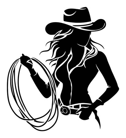 A striking black and white vector illustration of a cowgirl holding a lasso. The design captures the spirit of adventure and country lifestyle, perfect for western-themed projects.のイラスト素材