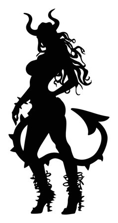 This vector illustration features a stunning silhouette of a female figure with horns and a tail, showcasing elegance and charm. Perfect for fantasy-themed projects.のイラスト素材