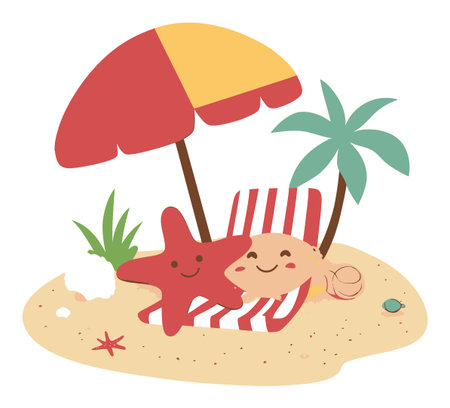 A charming cartoon beach scene featuring a smiling starfish and a colorful shell, set under a vibrant umbrella beside palm trees and sand. Perfect for summer themes!のイラスト素材