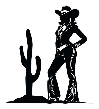 Elegant silhouette of a confident cowgirl stands beside a cactus in a desert landscape, showcasing a blend of style and rugged charm. Perfect for western-themed designs.のイラスト素材