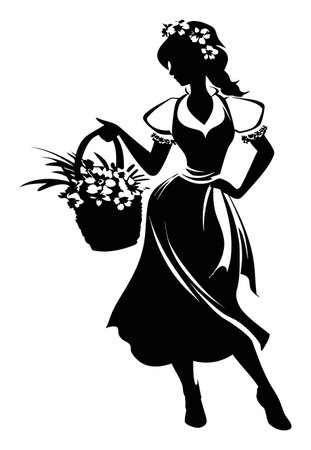 This elegant vector silhouette illustrates a woman gracefully holding a basket of flowers, symbolizing beauty and nature's charm. Perfect for creative projects.のイラスト素材