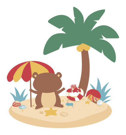 Adorable cartoon bear enjoys a beach day under a vibrant umbrella next to a palm tree. This cheerful scene captures the joy of summer fun and relaxation. Perfect for kids!のイラスト素材