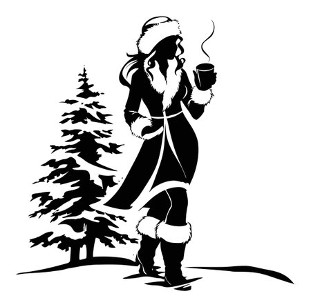 A stylish silhouette of a woman in a winter coat enjoying a warm drink amidst snowy scenery. Perfect for seasonal themed projects and holiday graphics.のイラスト素材