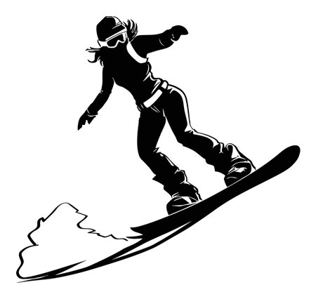 Dynamic vector illustration of a female snowboarder performing a trick on a snowy slope, capturing the essence of winter sports and adventure. Perfect for sports enthusiasts.のイラスト素材