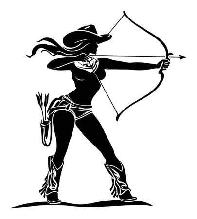 A striking silhouette of a female archer poised in action, showcasing strength and skill in a western-themed design. Perfect for sports and adventure themes.のイラスト素材
