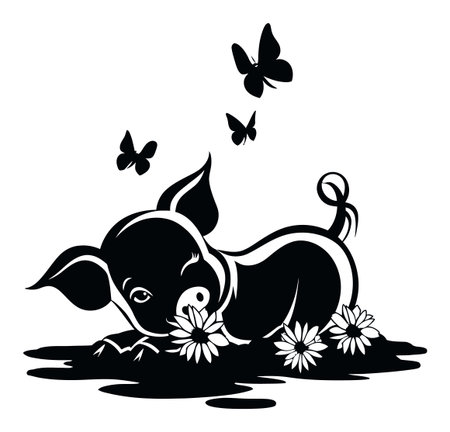 This charming vector illustration features a playful piglet enjoying flowers with fluttering butterflies, perfect for children's themes and cheerful designs.のイラスト素材