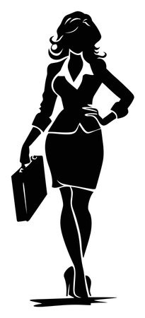 A striking silhouette of a confident businesswoman in professional attire holding a briefcase. Perfect for concepts of empowerment, careers, and corporate success.のイラスト素材