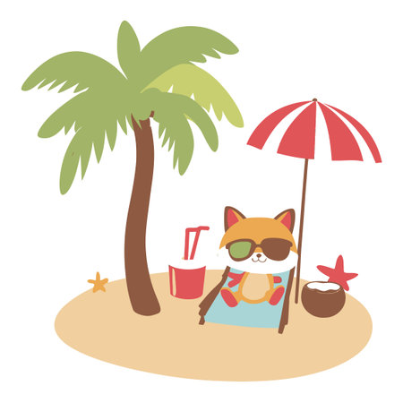 A charming cartoon fox enjoying a sunny day at the beach under a colorful umbrella. Perfect for summer-themed designs and cheerful illustrations.のイラスト素材