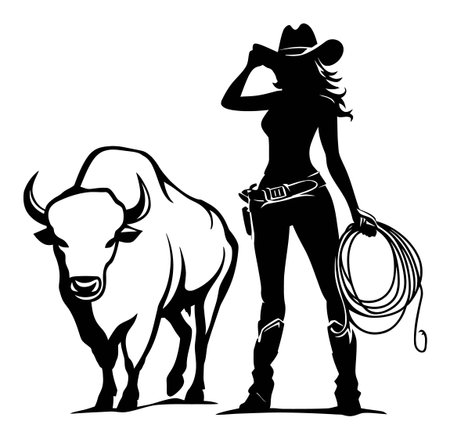 Stylish vector graphic of a cowgirl silhouette standing next to a bull, showcasing rural life and western culture, perfect for various design projects.のイラスト素材