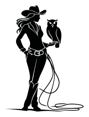 A striking vector silhouette of a stylish cowgirl holding an owl with a lasso. Perfect for themes of adventure, nature, and country life.のイラスト素材